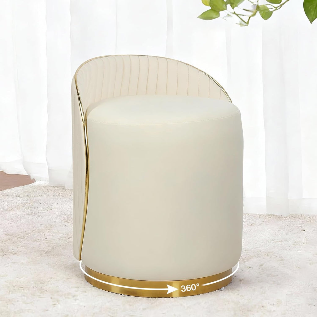 Vanity Stool with Back, 360° Swivel Round Makeup Vanity Chair, Foot Stools Ottoman Faux Fur, Upholstered Multifunctional Accent Stool for Makeup, Bedroom, Living Room, Cream