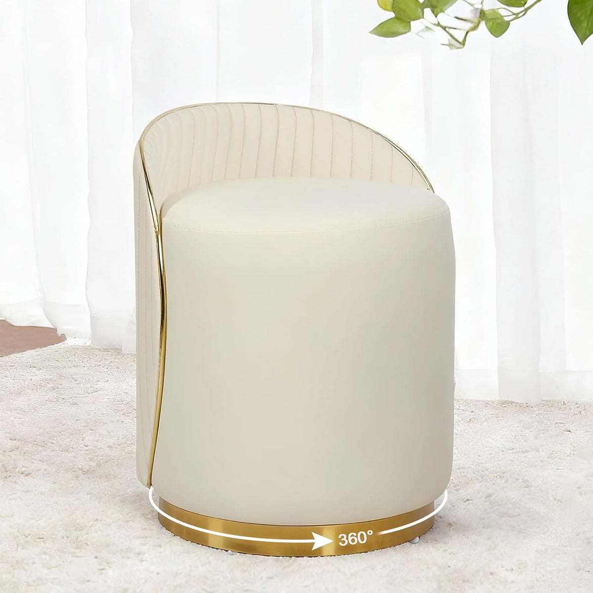 Vanity Stool with Back, 360° Swivel Round Makeup Vanity Chair, Foot Stools Ottoman Faux Fur, Upholstered Multifunctional Accent Stool for Makeup, Bedroom, Living Room, Cream