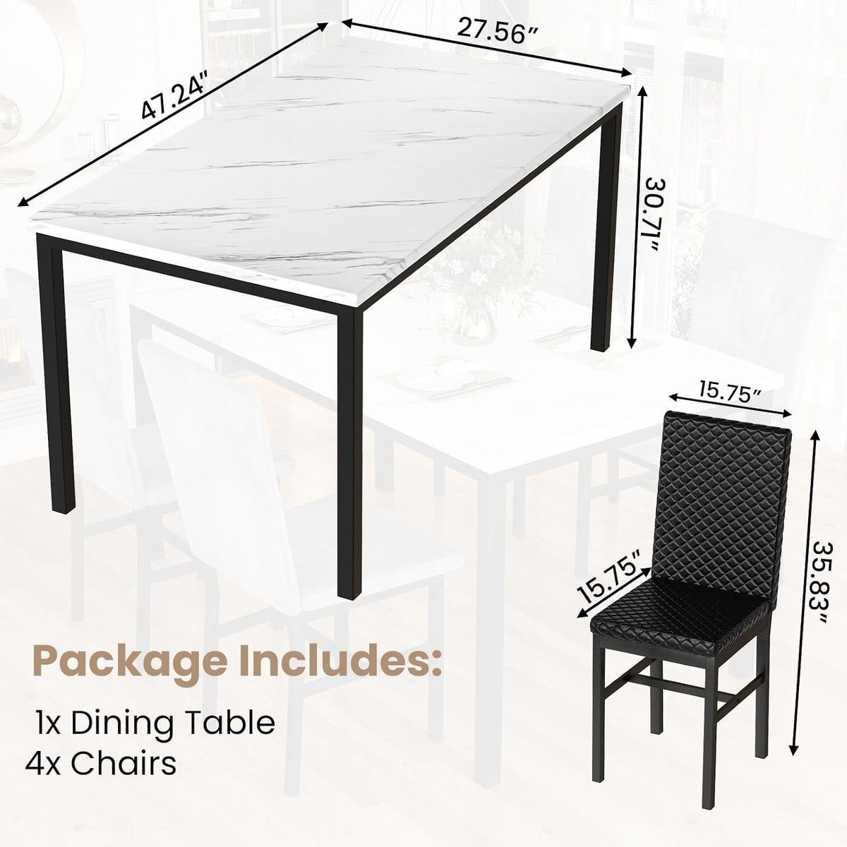 Hooseng Kitchen Table Set 5 Piece Dining Room Table Set Marble Dining Table 4 Chair Dining Table Set for Kitchen Living Room Breakfast Small Spaces (White & Black)