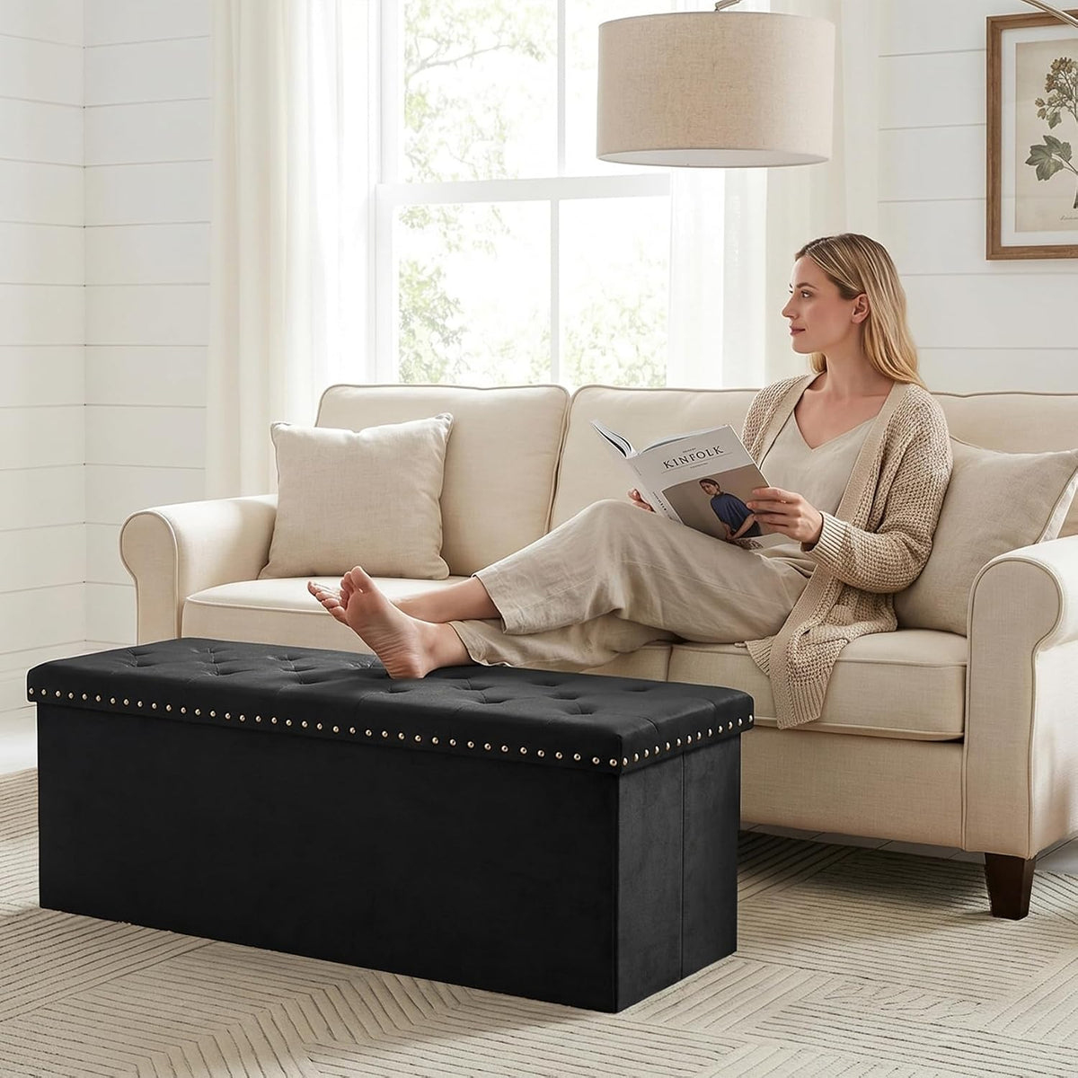 PINPLUS Folding Storage Ottoman Bench, Black Velvet | Large Storage Chest with Padded Seat, Footrest Stool and End of Bed Bench for Bedroom, Living Room and Entryway