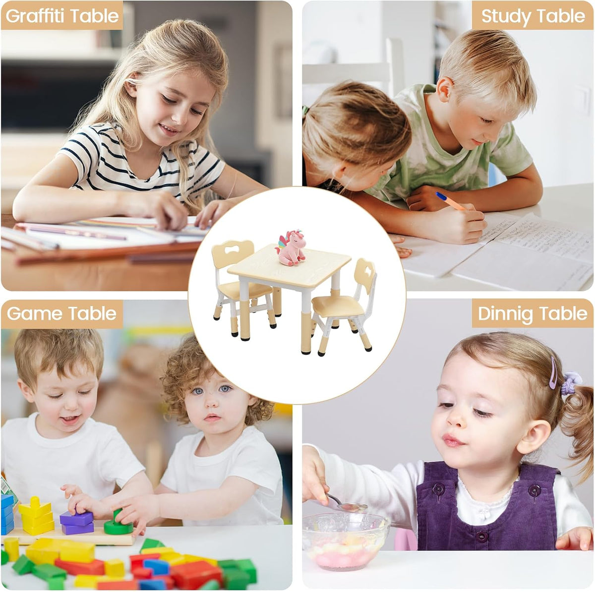 Patikuin Adjustable Height Kids Table and 2 Chairs Set | Graffiti-Resistant Desktop, Non-Slip, Easy to Clean, Ideal for Home, Nursery, Daycare, Learning Space, Ages 2-10