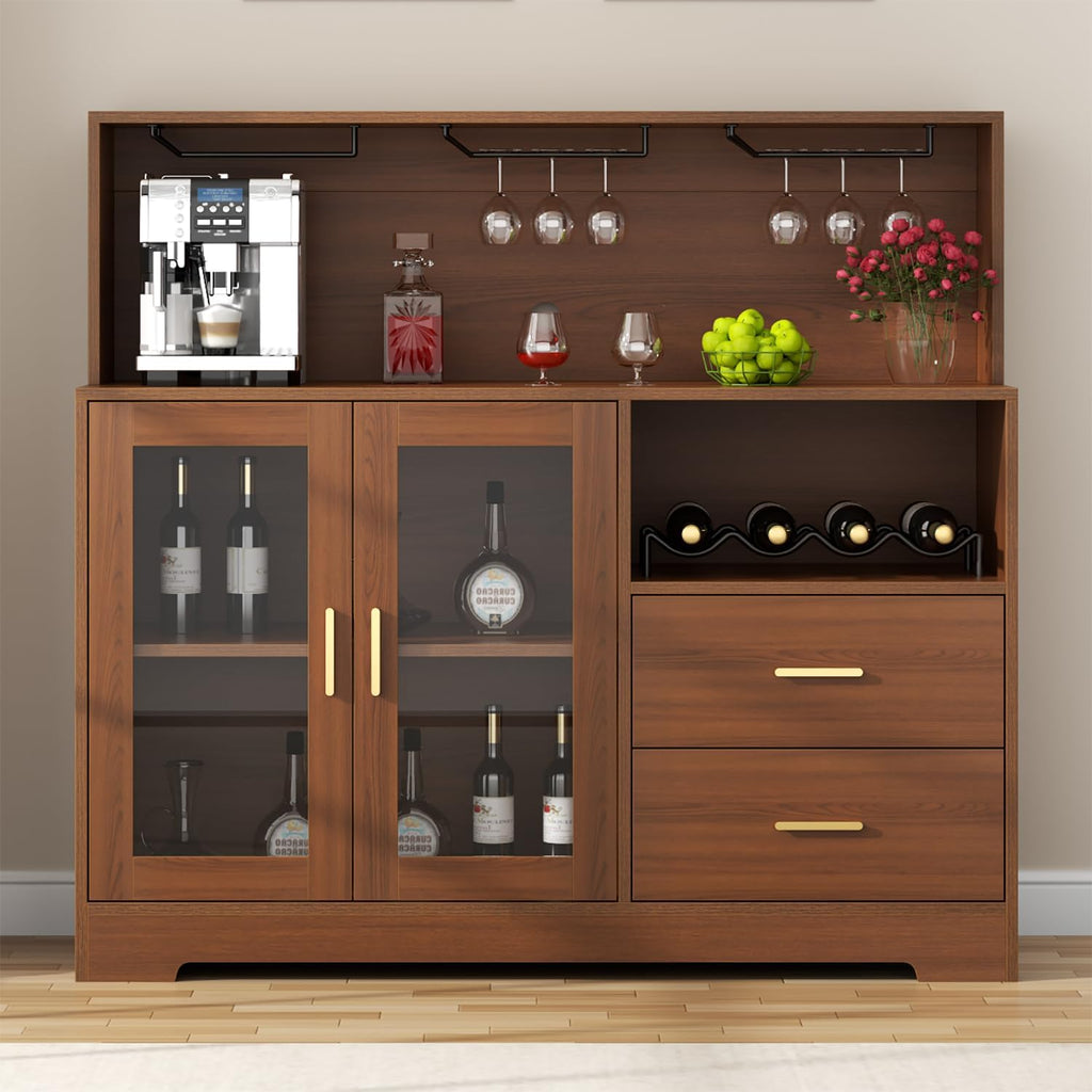 Bar Cabinet for Home with LED Light,Coffee Bar Cabinet w/ Wine & Glass Rack | Kitchen Buffet Sideboard with Storage Cabinet&Drawers, Modern Liquor Cabinet for Living Room Dining Room (Brown)