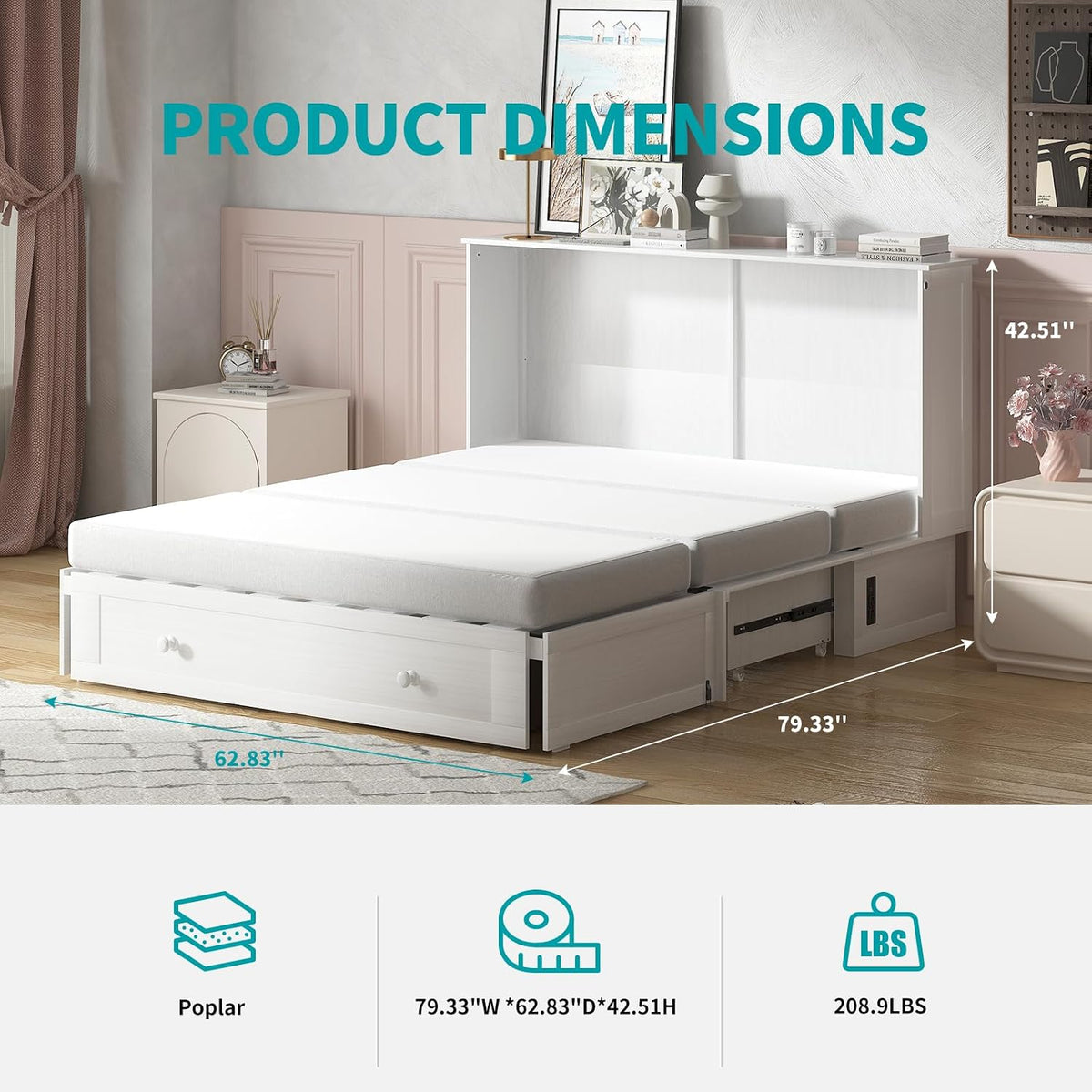 BALUS Murphy Cabinet Bed, Queen Chest Bed with USB Charging Station and Large Storage Drawers, Folding Cabinet Beds Space-Saving for Guest Room, Home, Office, White