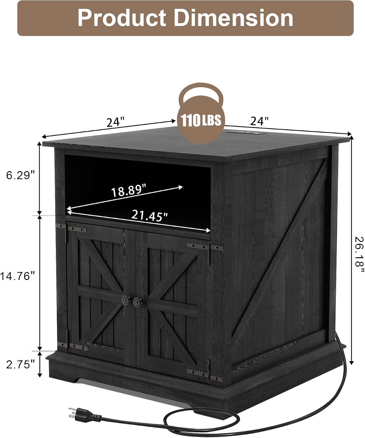 MUUEGM End Table with Charging Station, 24 Inch Farmhouse Sofa Side Tables Living Room, Wood Rustic Nightstand Large Bedside Table with Barn Door for Bedroom, Black