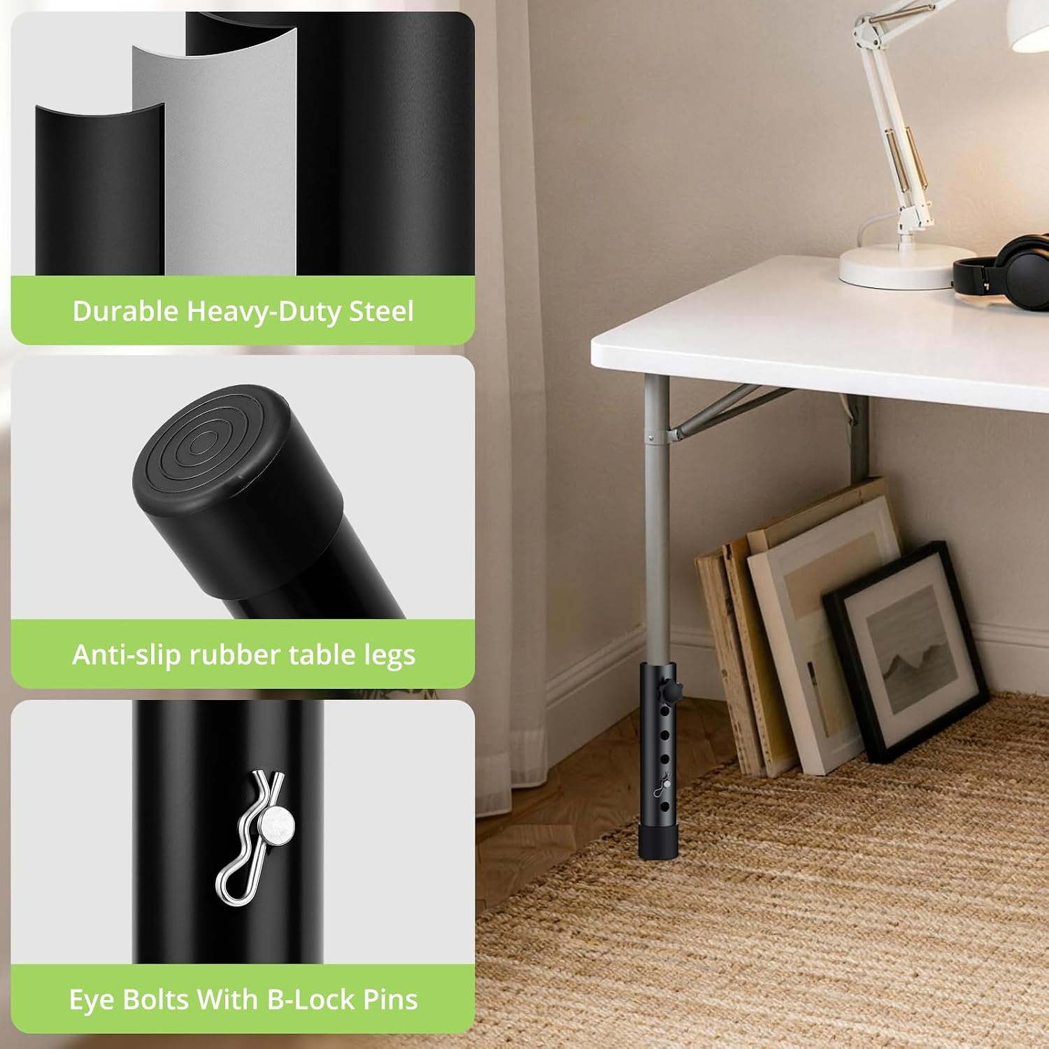 4Pack Folding Table Leg Extenders, 5 Levels Adjustable Height Rise Up to 6.1” Heavy Duty Steel Table Risers for Straight and Bent Legs Under 1.4" Diameters, Black