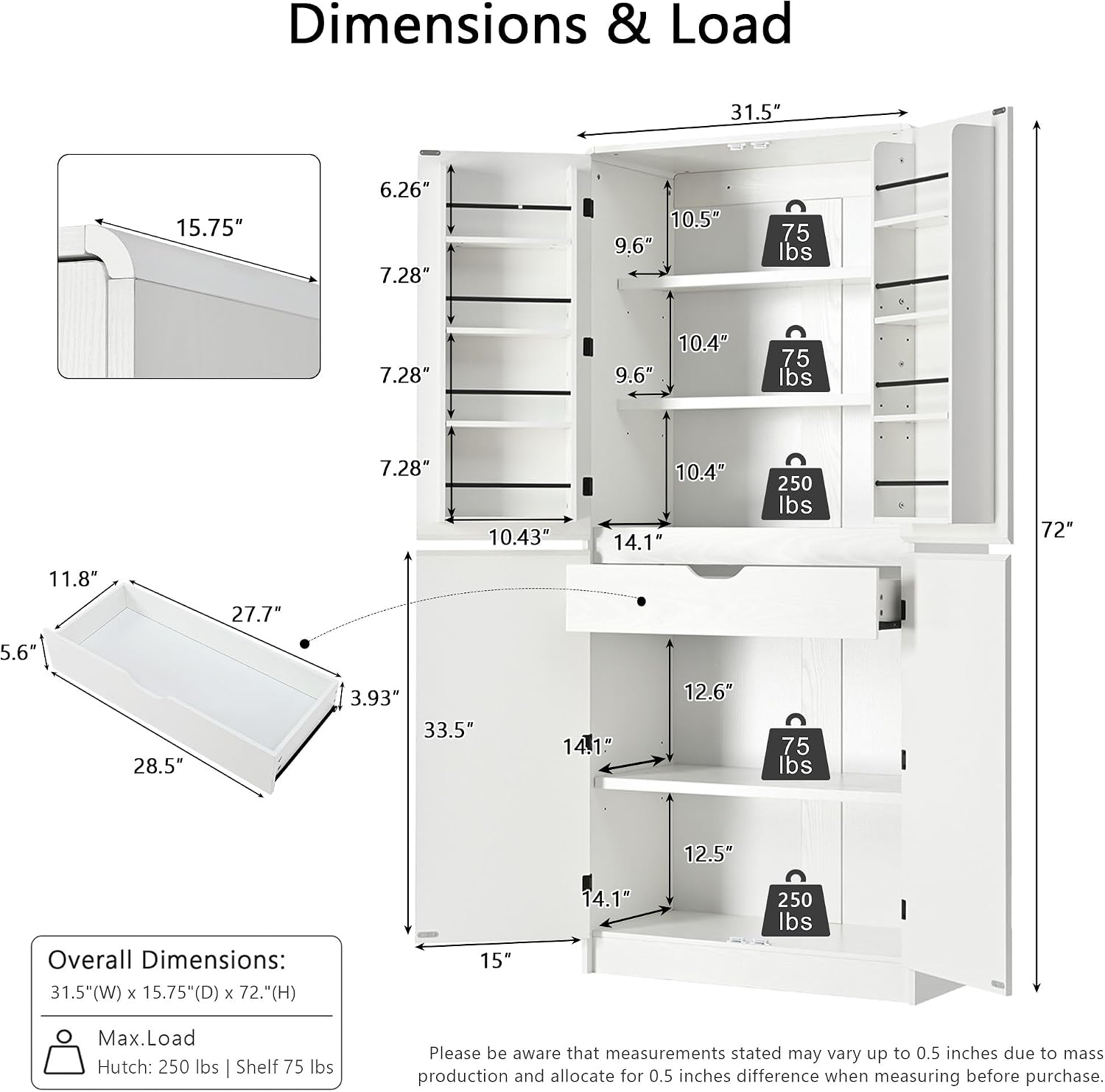72'' Tall Mid-Century Kitchen Pantry with 3 Adjustable Shelves, Freestanding Storage Cabinet with 8 Door Shelves & 1 Hidden Drawer, Versatile Cupboard for Kitchen, Dining & Living Room,White