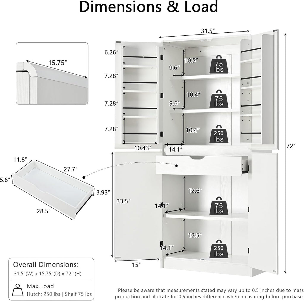 72" Tall Pantry Cabinet with 8 Door Shelves, 250lb Heavy Duty Storage Cupboard with Drawer, Modern Farmhouse Organizer for Office & Dining, White