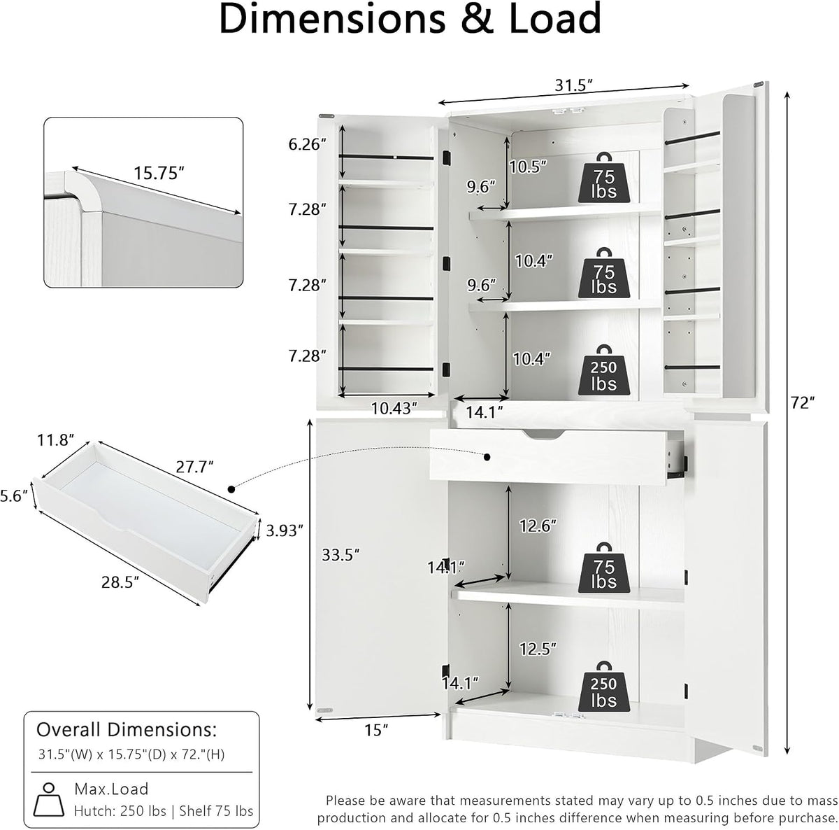 72" Tall Pantry Cabinet with 8 Door Shelves, 250lb Heavy Duty Storage Cupboard with Drawer, Modern Farmhouse Organizer for Office & Dining, White