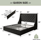 Feonase Upholstered Queen Size Bed Frame with 4 Storage Drawers, Storage Bed with Charging Station, Large Wingback Headboard, No Box Spring Needed, Black