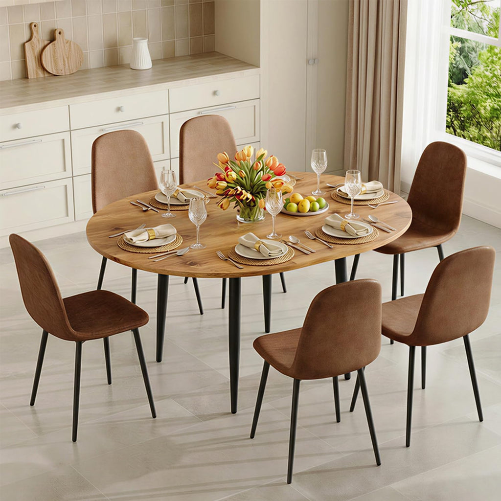 FURNITO Round Dining Table Set for 6, 42"-54" Round to Oval Extendable Table with 6 Suede Upholstered Chairs, Space-Saving Wood Dining Room Table Set for Small Apartments or Kitchens, Easy Assembly