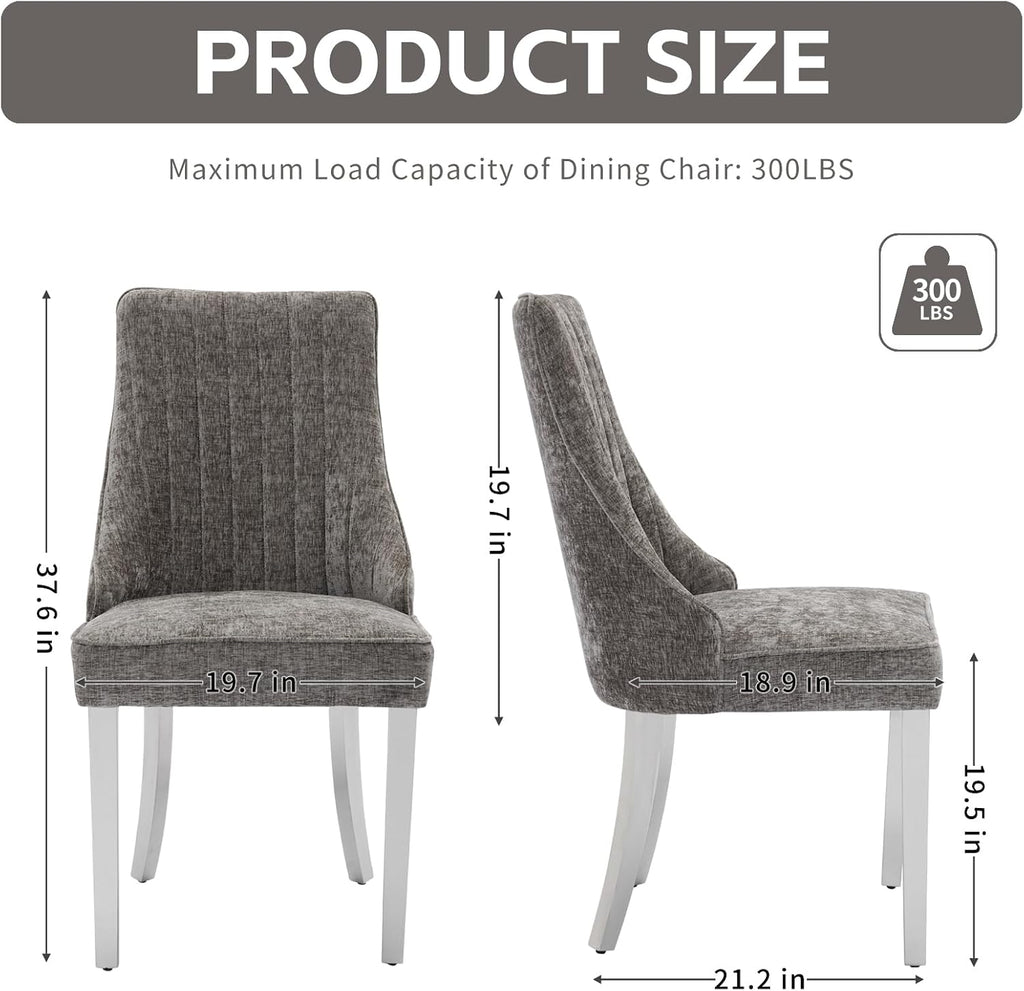 Shenyon Grey Dining Chairs Set of 6，Chenille Fabric Upholstered Dining Chairs with Silver Stainless Steel Legs, Modern Kitchen Chairs for Dining Room, Kitchen (Grey)