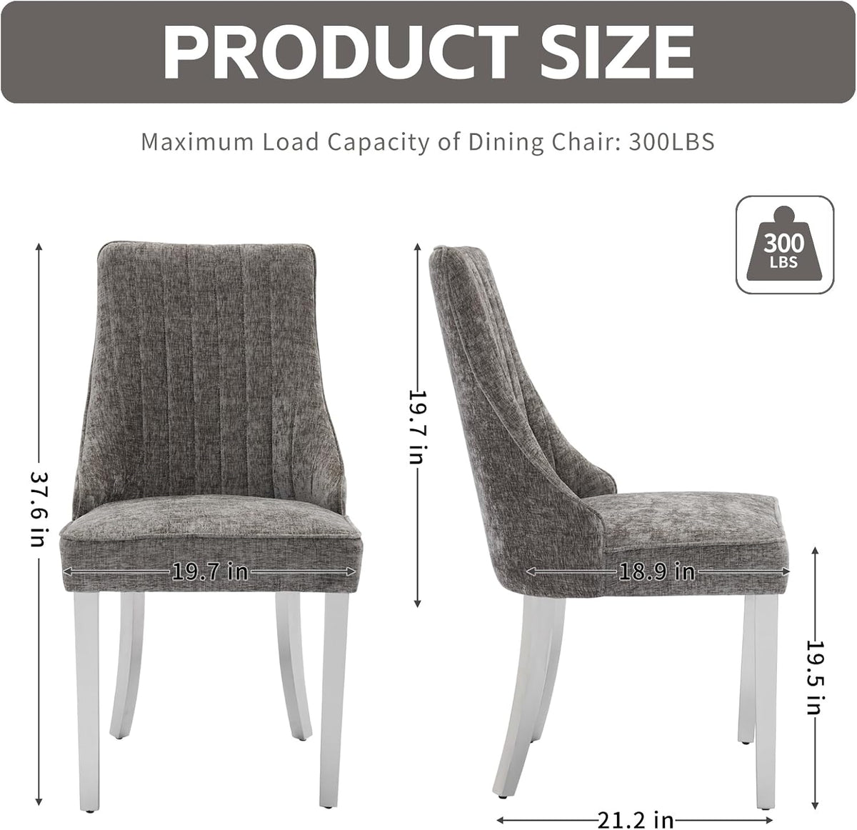 Shenyon Grey Dining Chairs Set of 6，Chenille Fabric Upholstered Dining Chairs with Silver Stainless Steel Legs, Modern Kitchen Chairs for Dining Room, Kitchen (Grey)