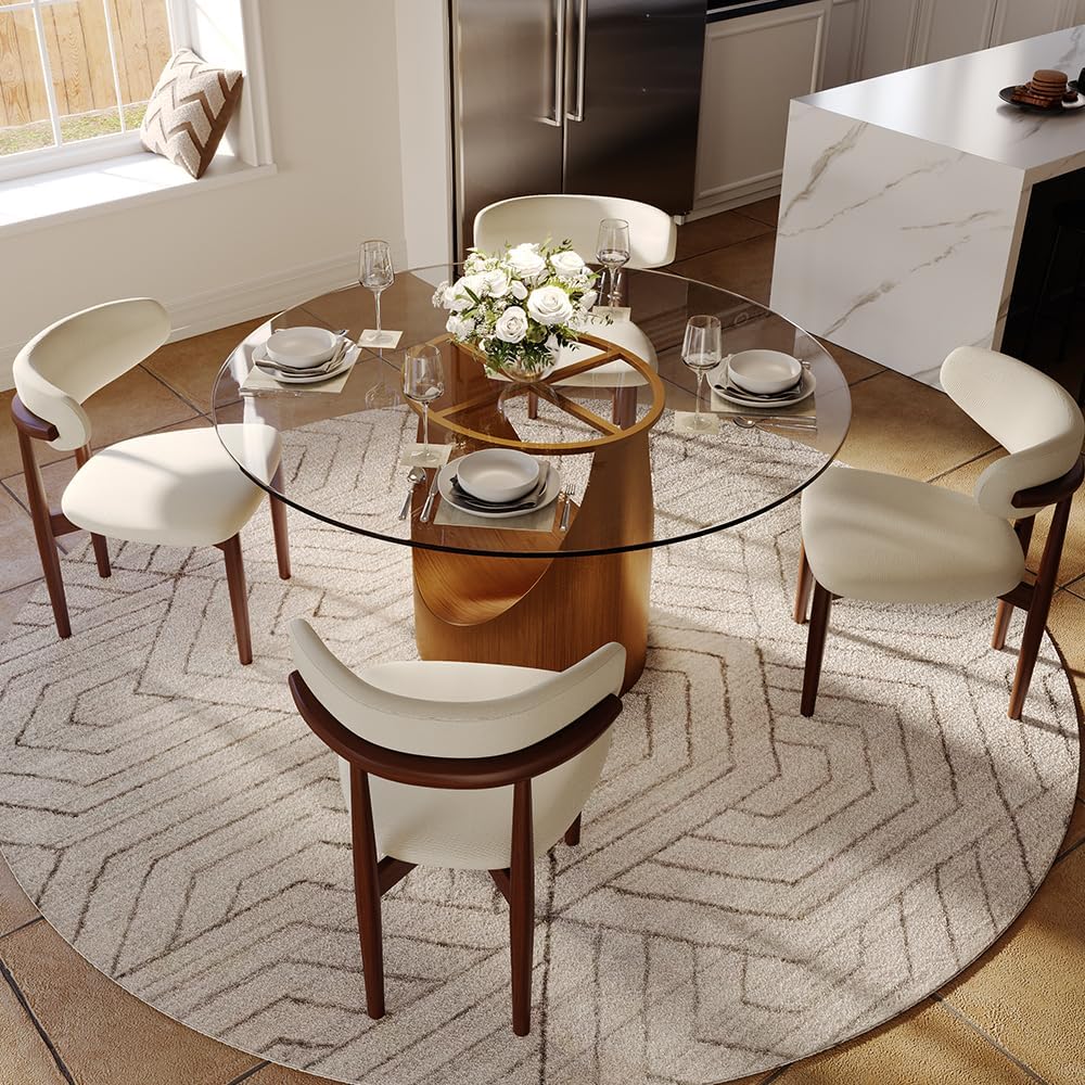 POVISON Round Dining Table for 4-6, 47" Glass Tabletop Dining Table with Bronze Carbon Steel Pedestal, Modern Dining Room Table for Kitchen, Living Room (Table Only)