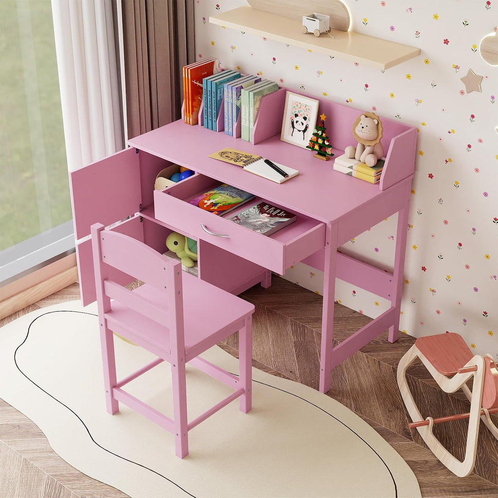 GLACER Kids Desk and Chair Set, Children’s School Study Table w/Storage Hutch, Drawer & Cabinets, Wooden Student Writing & Computer Desk for Bedroom, Study Room & Homeschool for Ages 3-8 (Pink)
