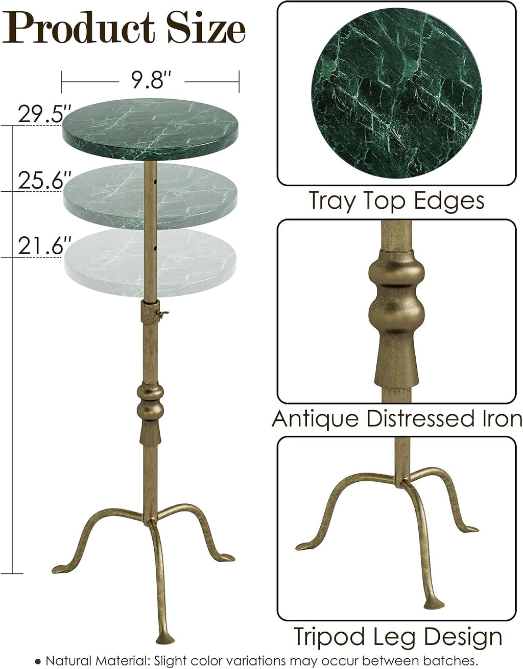 Adjustable Height Round Pedestal Table - 22-30 Inch, Modern Martini Cocktail End Table with Natural Travertine Top & Antique Brass Base for Small Spaces Living Room, Bedroom (Green Marble)