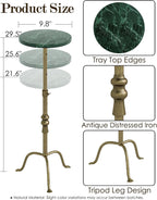 Adjustable Height Round Pedestal Table - 22-30 Inch, Modern Martini Cocktail End Table with Natural Travertine Top & Antique Brass Base for Small Spaces Living Room, Bedroom (Green Marble)