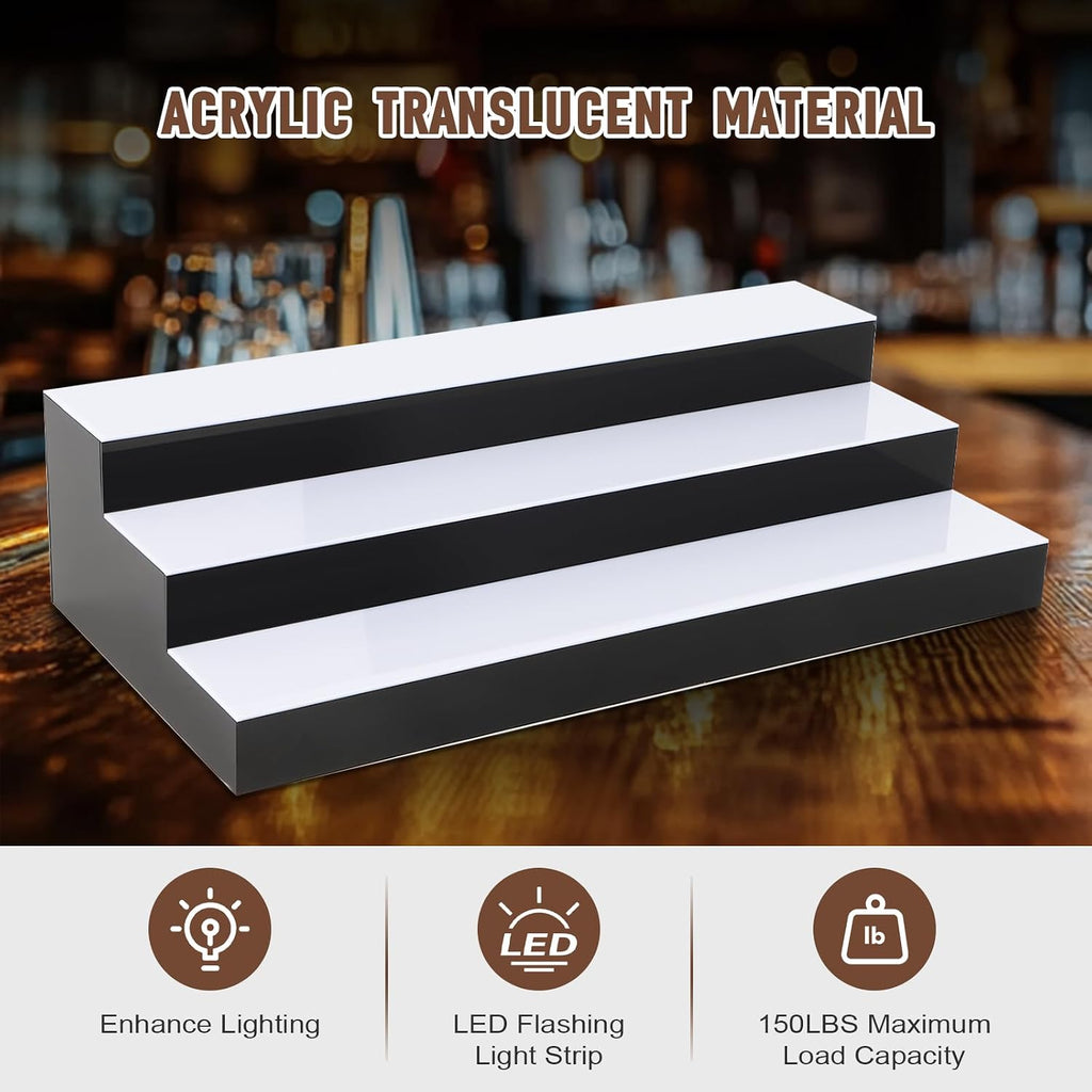 FAHKNS Lighted Liquor Bottle Display, 3 Tiers 24 Inch Acrylic Bar Shelf with Remote Control, Multicolor LED Illuminated Whiskey Rack for Home Bar