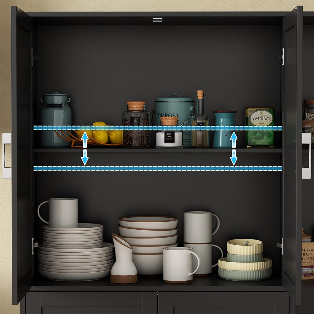 Loomie Kitchen Pantry Storage Cabinet, 64" Tall Freestanding Cupboard | Food Pantry Cabinet with Doors & Adjustable Shelves & 5-Tier External Shelf for Dining Room (Black)