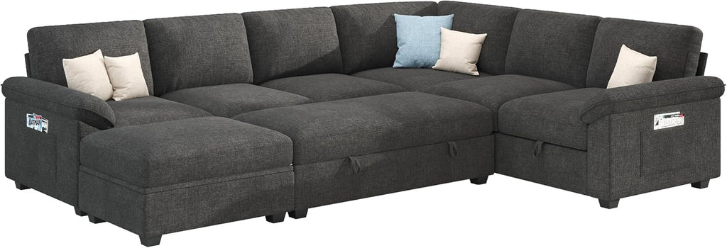 Jocisland 105" Sofa Bed, Sectional Sleeper Sofa with Pull Out Bed/Reclining Backrest, Sleeper Couch Bed with Storage, 6 Seater Couch Bed for Living Room, Chenille Dark Gray