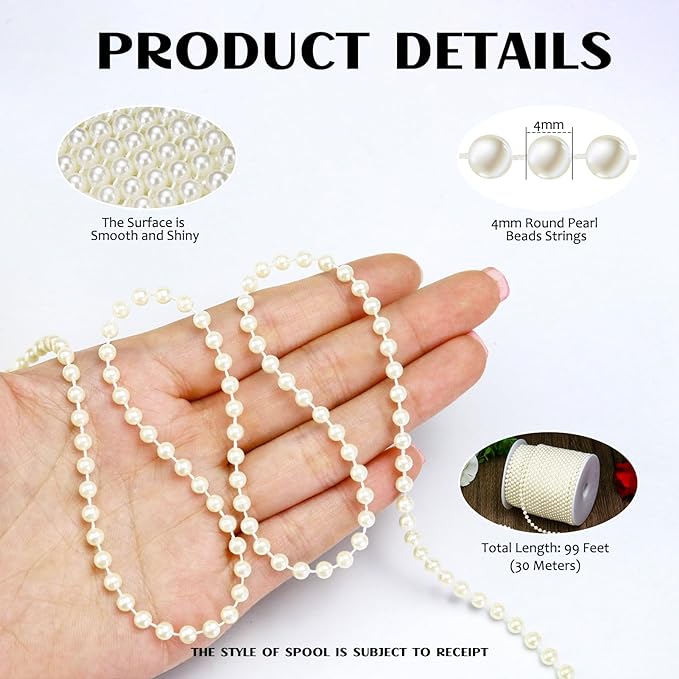99 Feet 4mm Faux Pearl String Garland for Crafts, Artificial Pearl Beaded Trim Chain Strands for Wedding Centerpieces Bouquet Party Christmas Tree Decoration, Ivory
