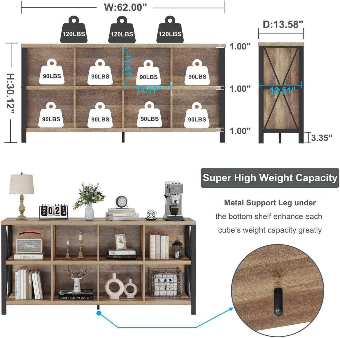 FATORRI 8 Cube Storage Organizer Bookshelf, 62 Inch Rustic Wood Horizontal Bookcase, Industrial Cube Long Book Shelf for Living Room (Rustic Oak)