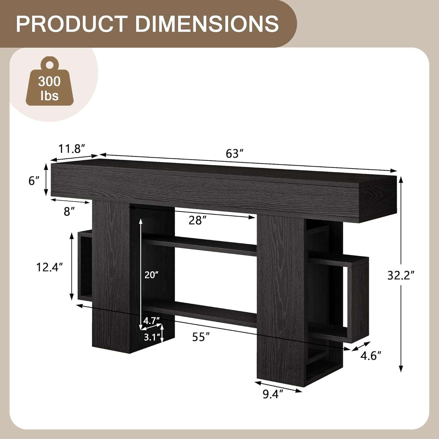 Einhomn 63 Inch Long Console Table for Entryway, Modern Wooden Sofa Table Behind Couch with 3-Tier Storage Shelf, Narrow Entry Accent Table for Living Room, Hallway, Foyer, Black