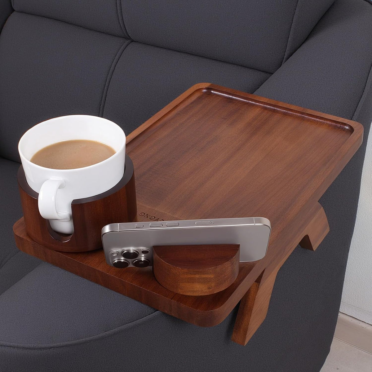 Couch Arm Tray Table with Oversized Cup Holder & Adjustable Phone Stand – Foldable Acacia Wood Sofa Armrest Clip Table for Wide Couches, Recliners, and Living Room Use