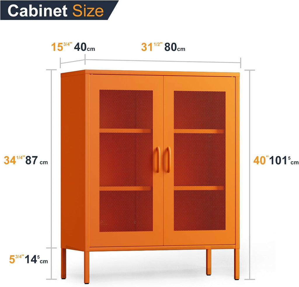 QINPTWUT 40" Industrial Storage Pantry, Kitchen Storage Cabinet with Mesh Door, 2 Adjustable Shelves, Freestanding for Kitchen, Dining Room,Bedroom, Workshop, Office, Garage (Orange, 40")