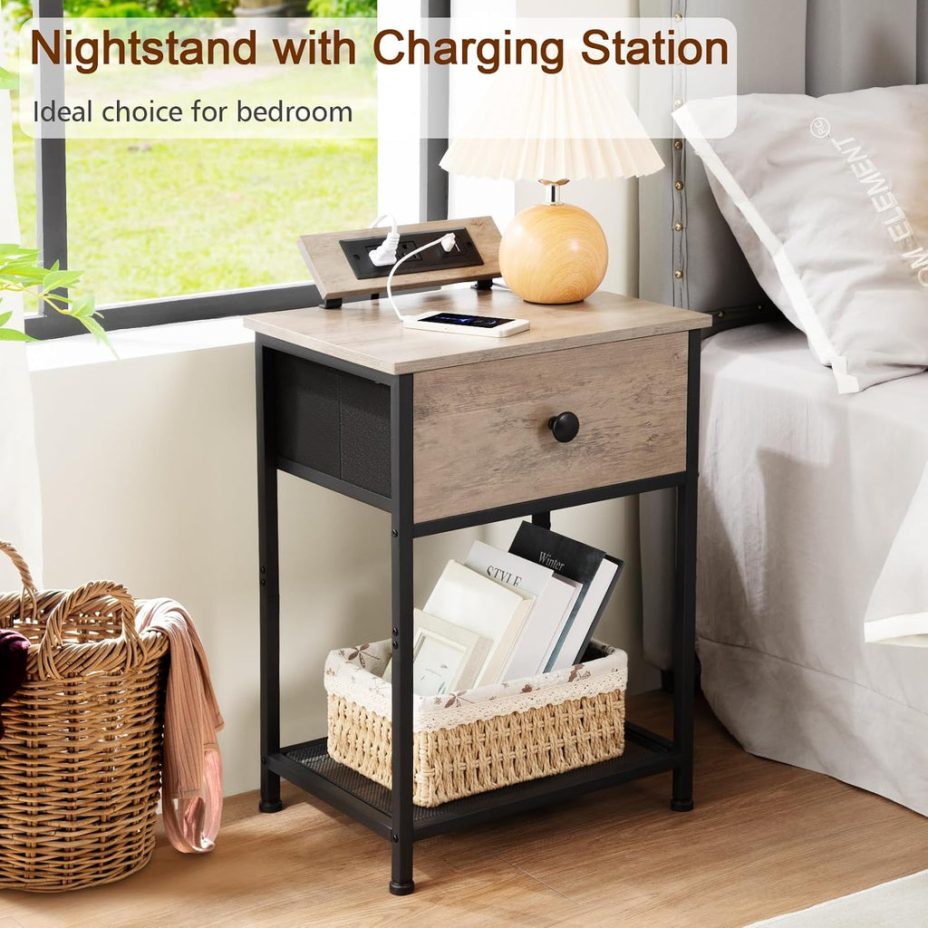 AMHANCIBLE Night Stand, End Tables Living Room Set of 2, Small Nightstand with Charging Station, Slim Bed Side Table with Fabric Storage Drawer for Bedroom, Small Space, Greige, HET03SDPGY