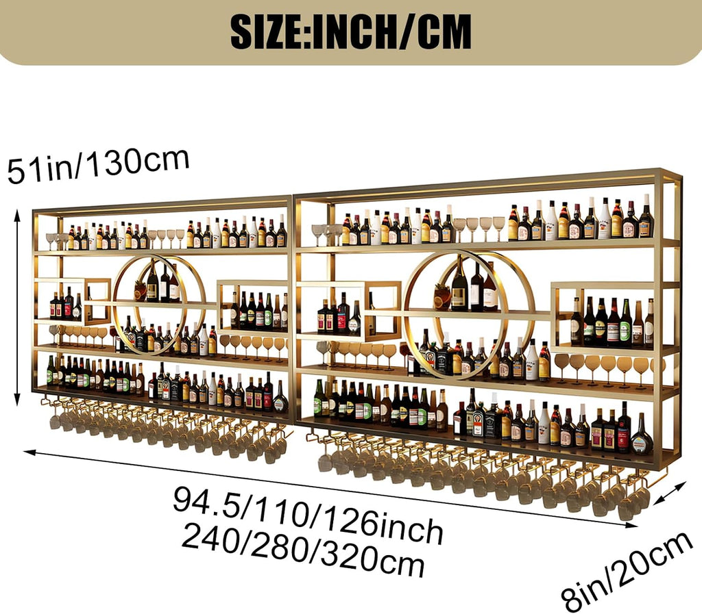 94.5in Wall Mounted Wine Rack, Black 4-Tier Large Capacity | Iorn Floating Shelf, Hanging Liquor Storage Display Shelf, Save Space with Glass Holder, for Bar Home Kitchen