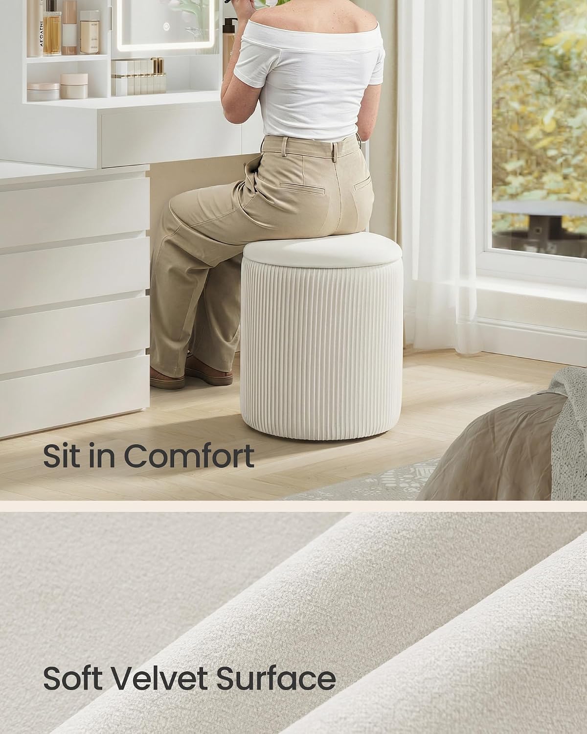 SONGMICS Vanity Stool, Set of 2, Round Storage Ottoman, Velvet | Small Coffee Table, Removable Lid, Easy Assembly, for Living Room, Bedroom, Cream White, ISLAND Collection ULOM017WD01