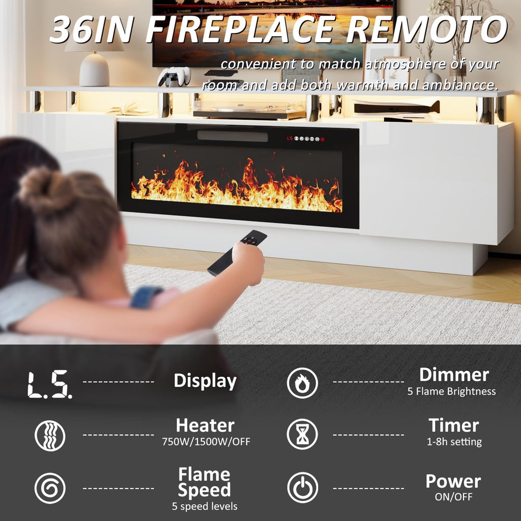 LEMBERI 70" Fireplace TV Stand for TVs up to 80", White | 36" electric fireplace, modern LED entertainment center, high gloss media console with storage cabinet for living room