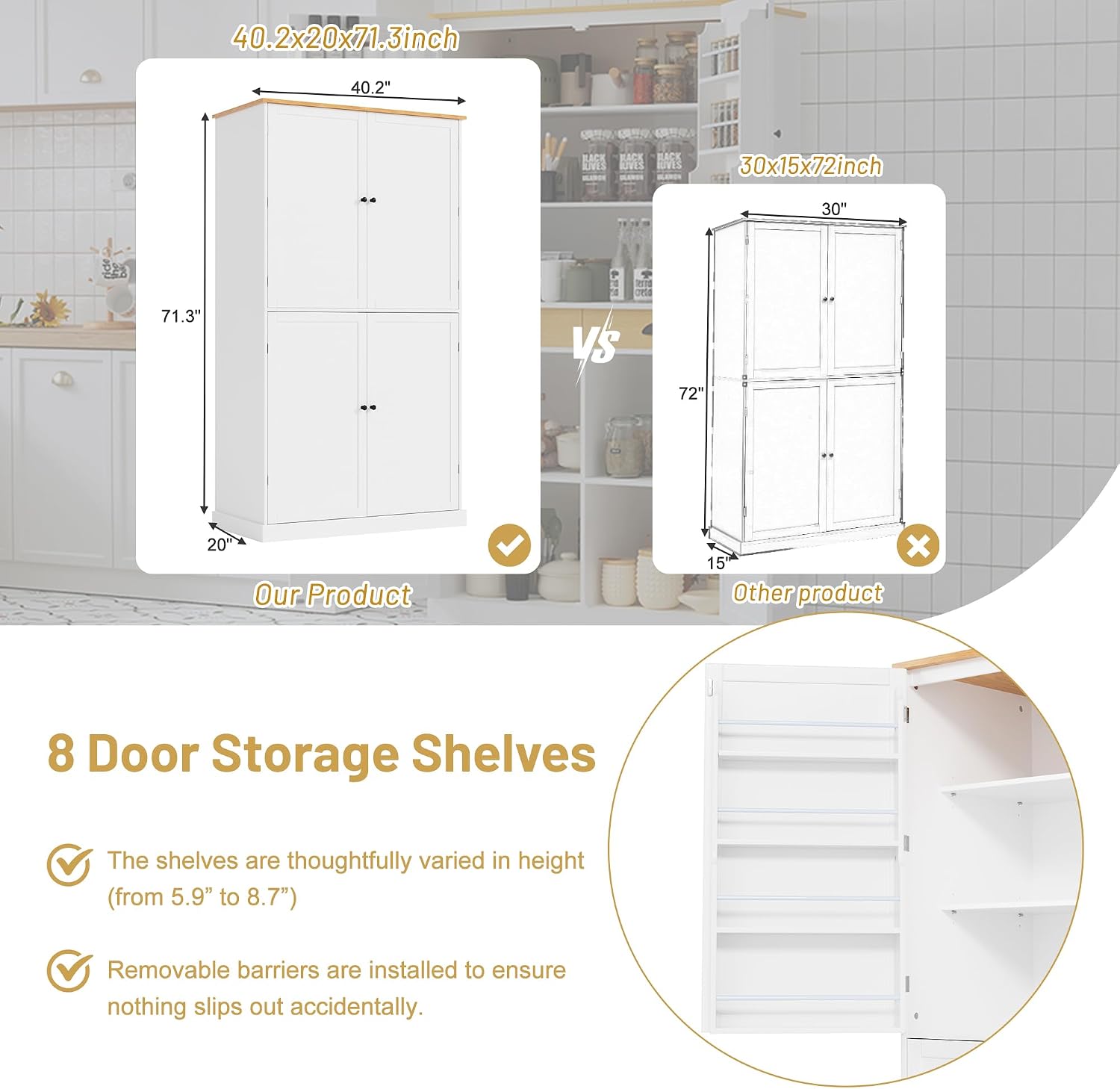 71.3 Inch Tall Freestanding Kitchen Pantry Cabinet, Large Food Storage Cupboard with 2 Drawers, 2 Adjustable Shelves and 8 Door Shelves, Utility Storage Cabinet for Kitchen & Dining Room,White