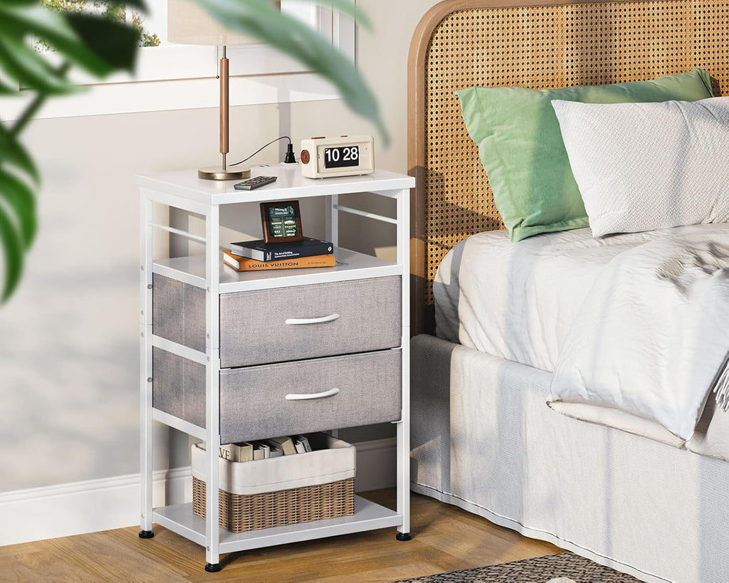 AODK 27.6" H Night Stand with Charging Station and LED Lights, Bed Side Table with 2 Drawers and Open Shelf, Bedside Table for Bedroom, Living Room, White & Light Grey