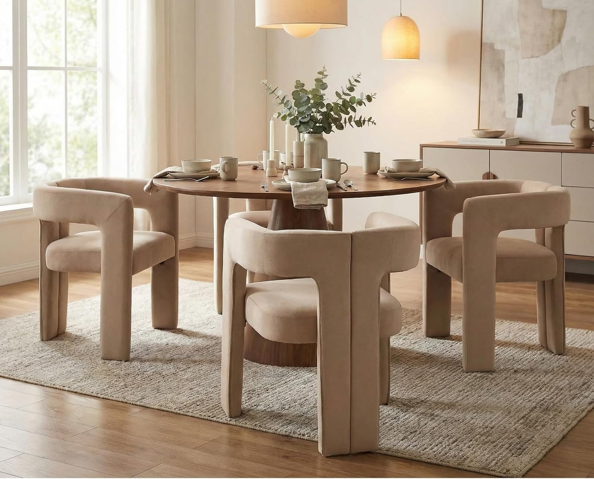 CIMOTA Modern Barrel Dining Chairs Set of 4, Velvet Fabric Upholstered Accent Chairs with Arms/Wood Legs/Open Back, Designer Kitchen Chairs for Living/Reception/Dining Room, Khaki