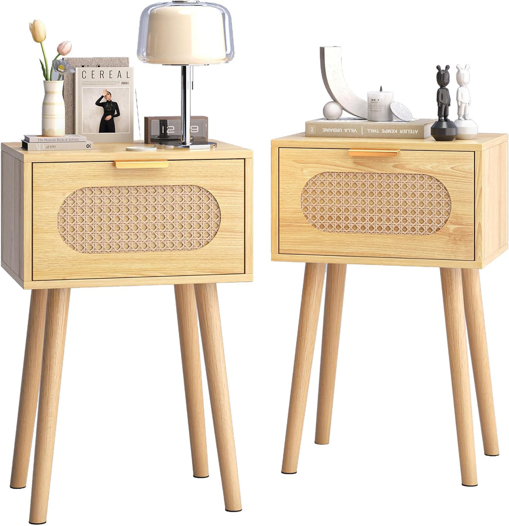 Nightstands Set of 2, Bedside Table with Rattan Door, Boho End Table with Solid Wood Legs for Bedroom, Living Room, Small Space Nightstands, Natural Color, HNS001N