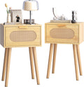 Nightstands Set of 2, Bedside Table with Rattan Door, Boho End Table with Solid Wood Legs for Bedroom, Living Room, Small Space Nightstands, Natural Color, HNS001N