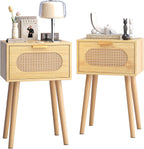 Nightstands Set of 2, Bedside Table with Rattan Door, Boho End Table with Solid Wood Legs for Bedroom, Living Room, Small Space Nightstands, Natural Color, HNS001N