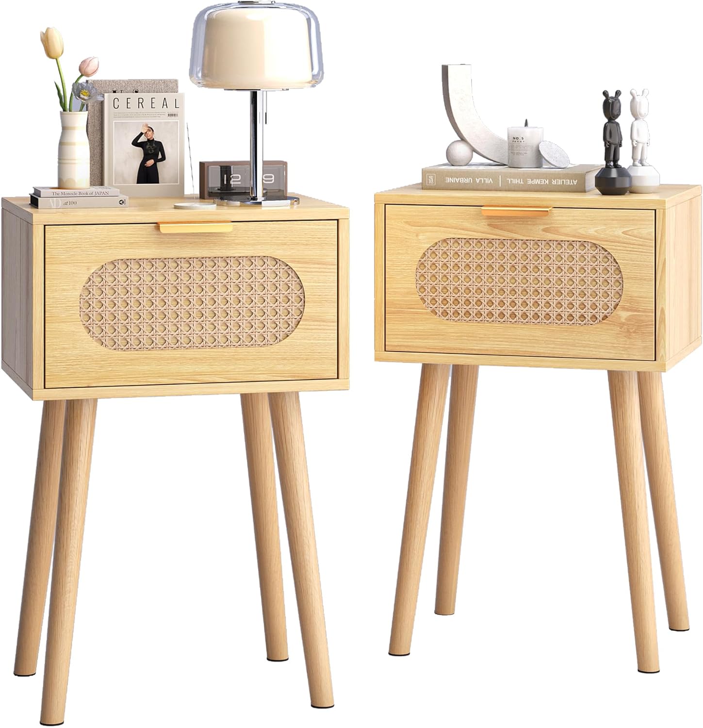 Nightstands Set of 2, Bedside Table with Rattan Door, Boho End Table with Solid Wood Legs for Bedroom, Living Room, Small Space Nightstands, Natural Color, HNS001N