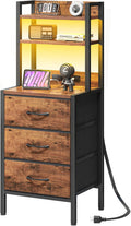Fixwal 41 Inch Tall Nightstand with Charging Station, Led Night Stand with U-S-B Port & Socket, 3 PU Finished Fabric Storage Drawers, Office, Bedside Table & Bookshelf in One, Rustic Brown