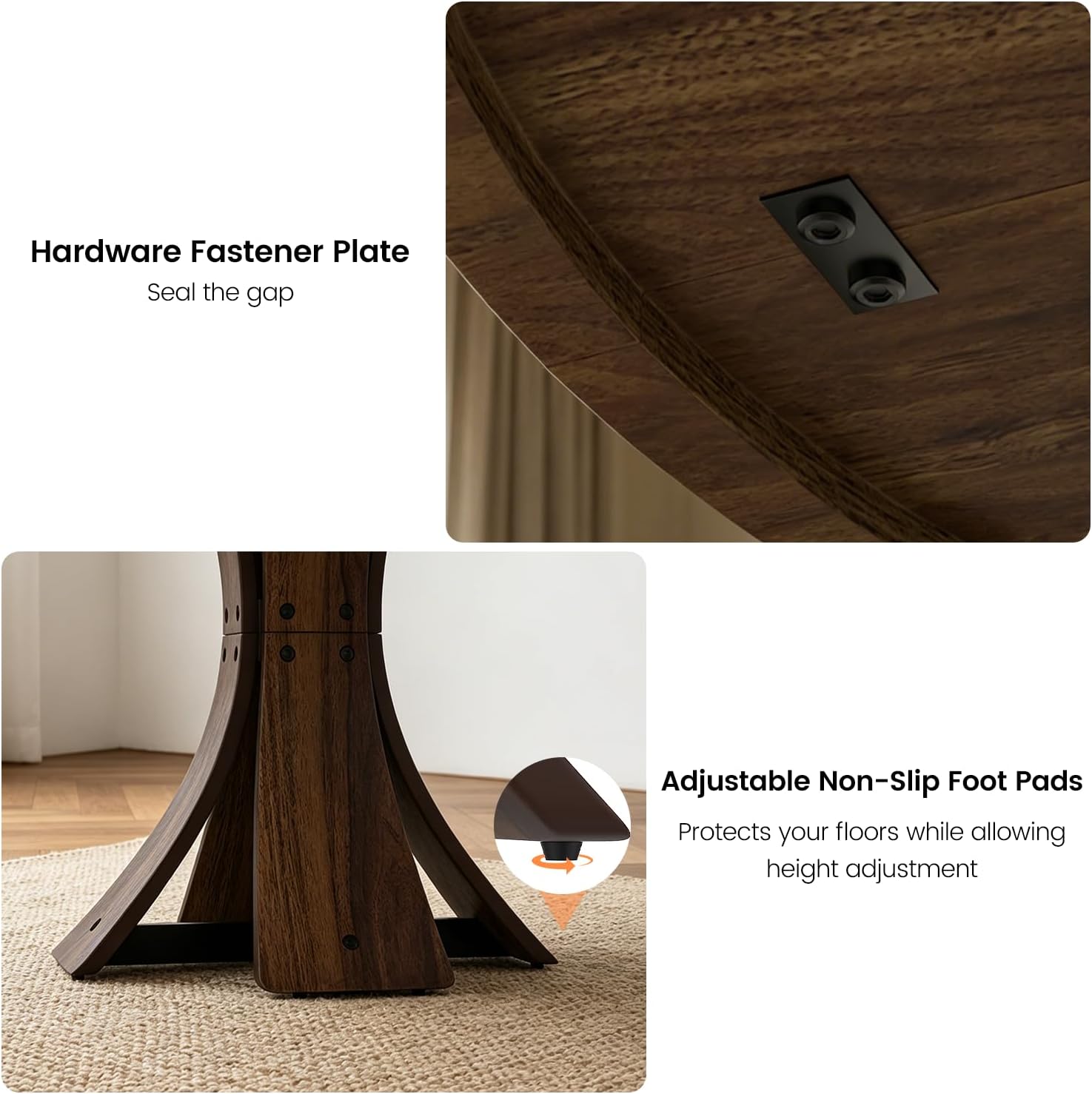 43.3" Round Dining Table Set for 4, 5 Piece Farmhouse Kitchen Table Set with 4 PU Chairs, Mid Century Modern Dining Table with Curved Solid Wood Frame for Dining Room, (Walnut Table+4 Beige Chairs)
