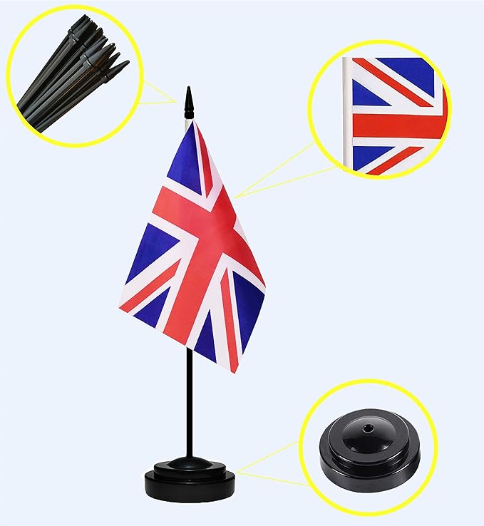 UK British Deluxe Desk Flag Set Small Mini United Kingdom Miniature Table Desktop Flags With Solid Pole, Black Base and Spear Top(2 Pack)
