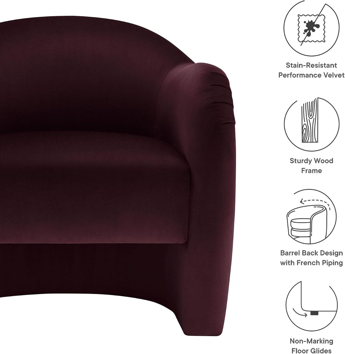 Modway Compose Barrel Chair with Performance Velvet Fabric in Mulberry – Upholstered Accent Armchair with Curved Backrest – Cozy Lounge Chair for Reading – Round Comfy Single Sofa Club Chair