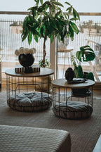2-Piece Nesting Side Table Set with Cushions Scandinavian Style Round MDF and Metal Frame Modern Living Room Furniture Coffee Table for Pets 21.3 in Diameter - Pine-Black-White Cushion