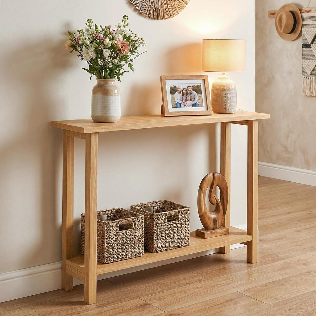 GIANTEX 47" Solid Wood Console Table, 2-Tier Narrow Entryway Table | Rustic Foyer Table w/ Teak Wood Frame and Storage Shelf, Farmhouse Sofa Table Behind Couch for Living Room (47" x 12" x 32")