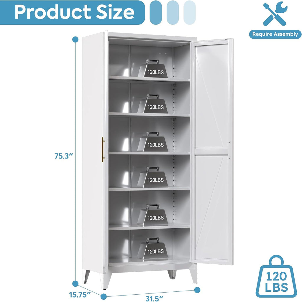 75" Tall Metal Pantry Cabinet, White Kitchen Storage Cupboard with 5 Adjustable Shelves, Heavy Duty Steel Food Organizer for Dining Room, Laundry Room, Living Room, Required Assembly