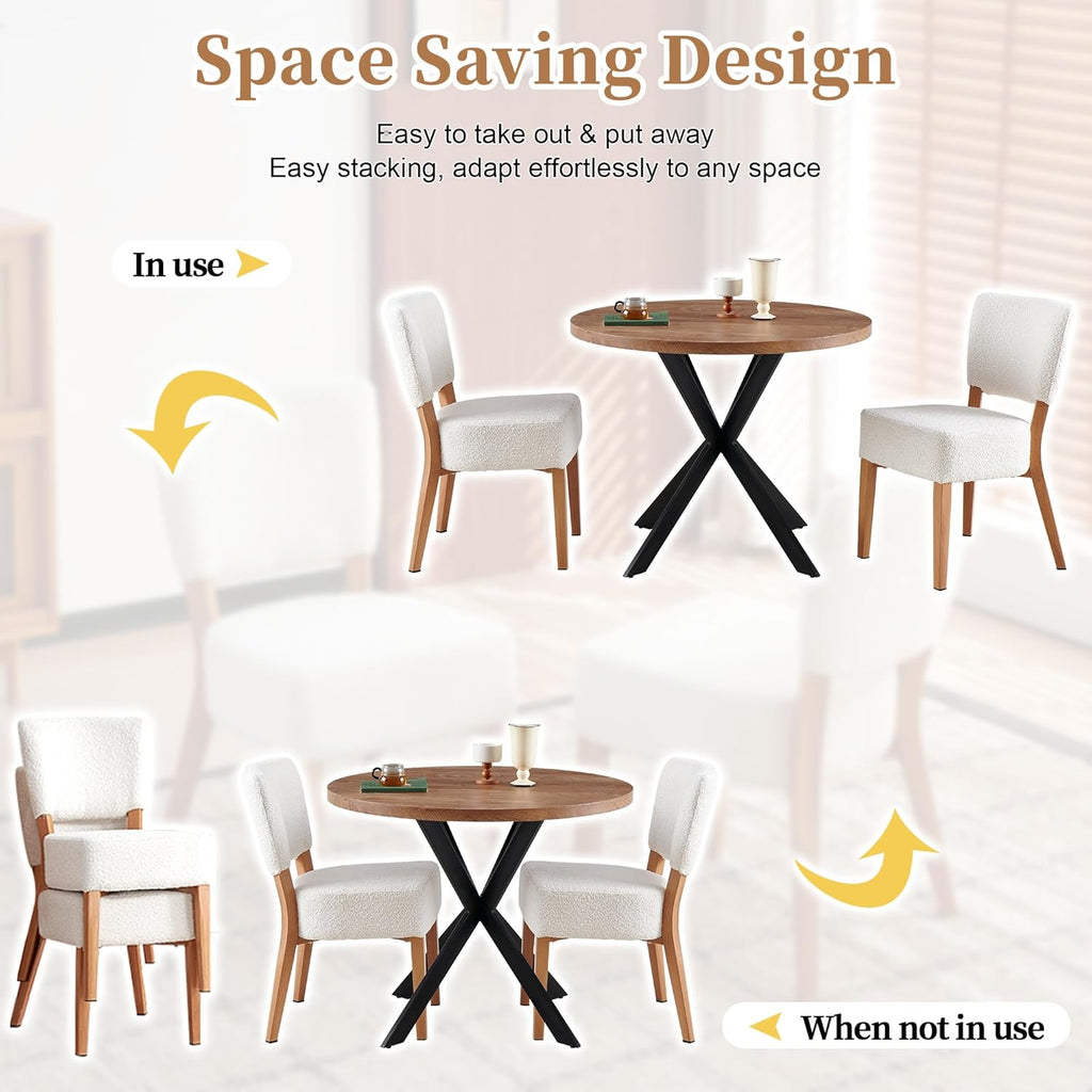 3-Piece Round Table & Chair Set, Space Saving Kitchen Breakfast Nook Walnut Wood Grain Tabletop with Metal Frame and 2 Stackable Dining Chairs for Kitchen, Dining Room, White