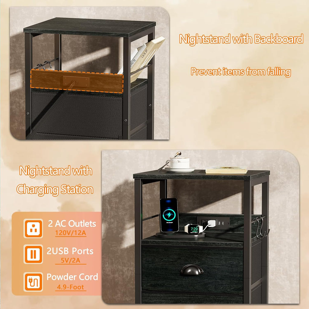 Furologee Nightstand with Charging Station, 2 Fabric Drawers, Black Oak | Night Stand Features USB Ports, Open Shelf, S Hooks, for Easy Living Room or Bedside Storage.