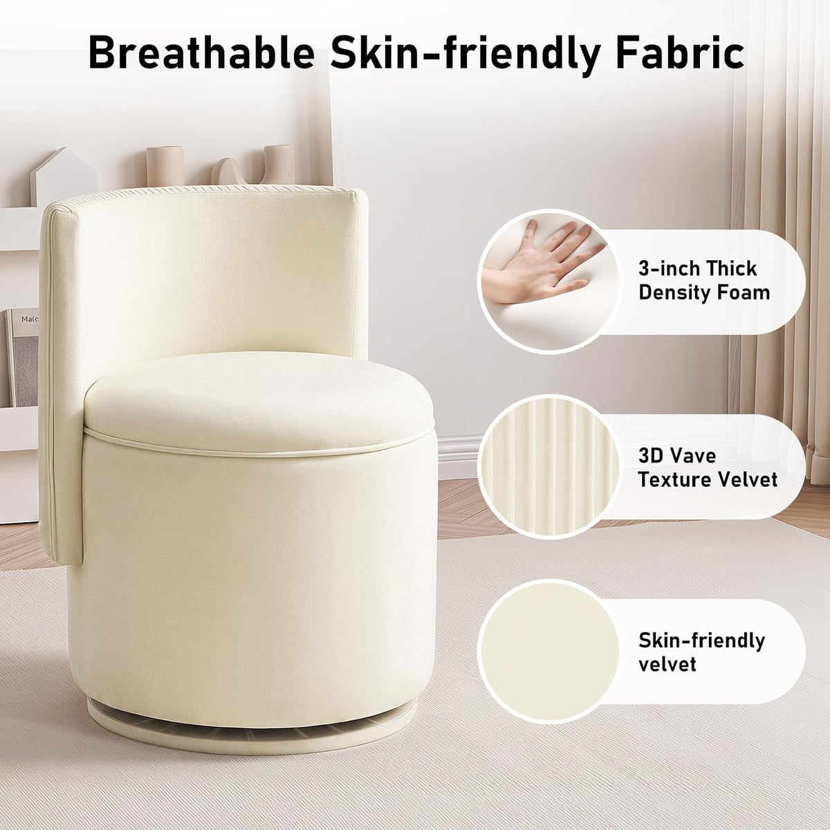 Furniliving Velvet Vanity Chair with Storage, 360° Swivel Accent Chair with Wavy Back, Modern Barrel Vanity Stool Makeup Ottoman for Bedroom, Living Room