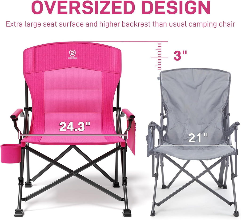 EVER ADVANCED Oversized Folding Women Camping Chair, for Adults Heavy Duty Lawn Chair with Side Pockets, Portable Collapsible Quad Chair for Outside, Support Up to 500lbs, Pink